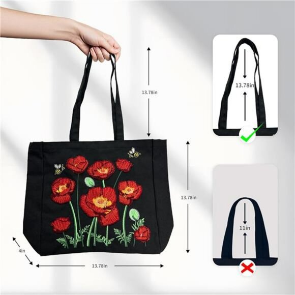 Large Canvas Tote Bag with Zipper Pocket Embroidered Shoulder Bag for Work Trave - Picture 4 of 7